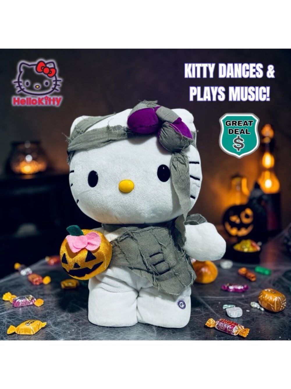 Hello Kitty Mummy w/Pumpkin Side Stepper Animated 13" Halloween Holiday Plush.